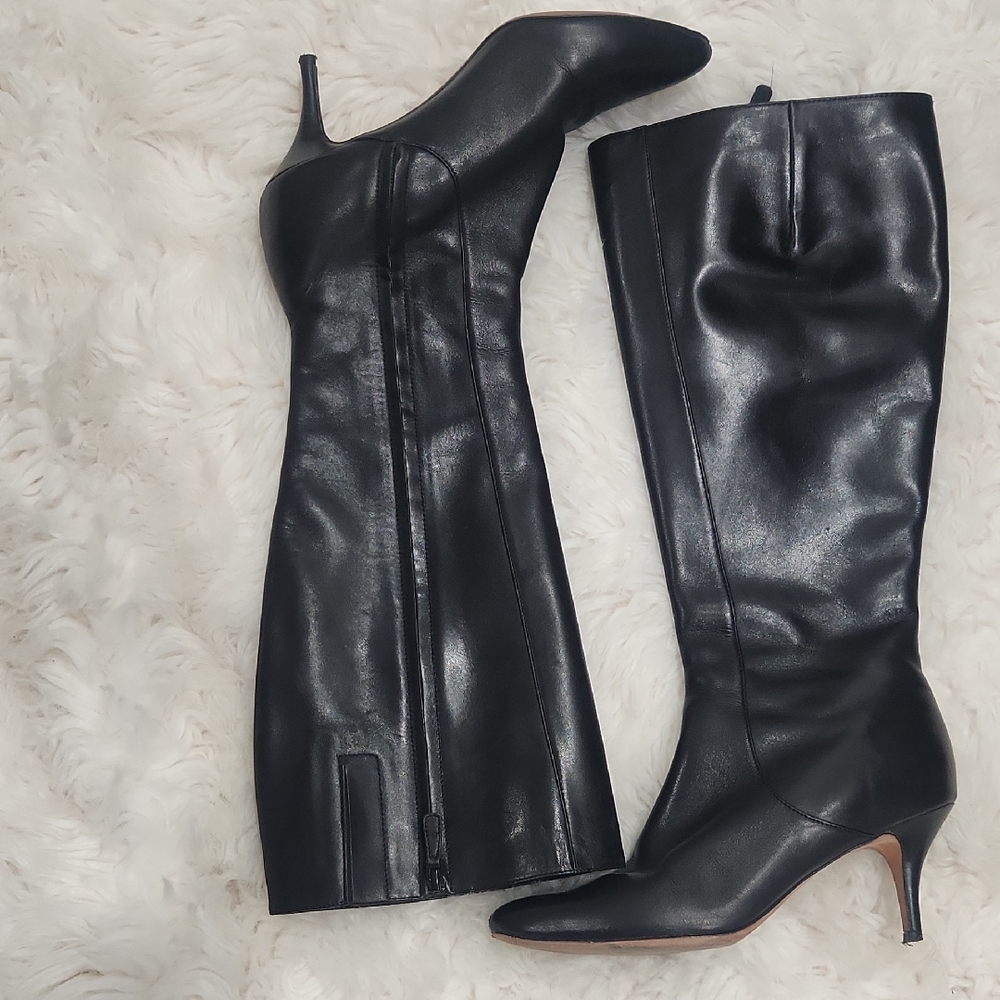 Cole Haan Elegant Black Leather Knee-High Boots Wide Calf